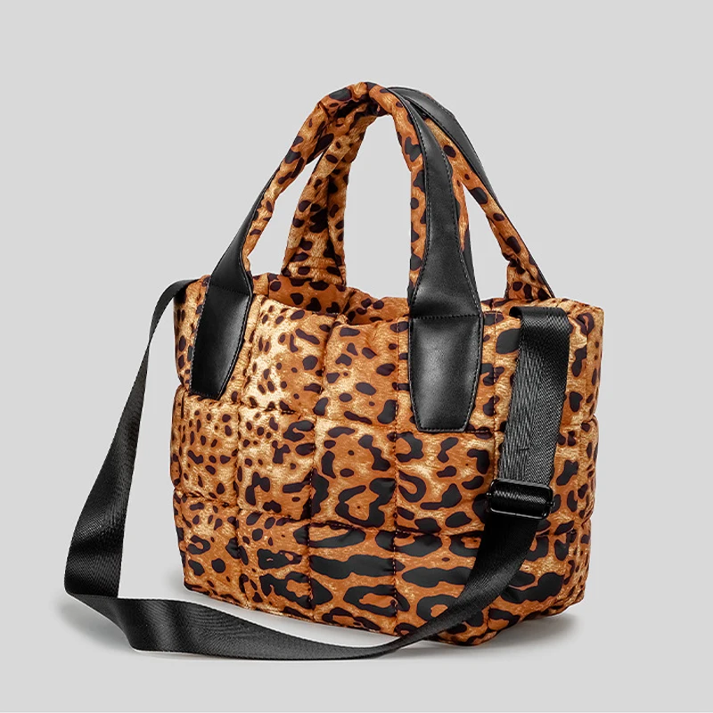 Fashion Leopard Puffer Bag borse da donna imbottite trapuntate borse a tracolla in morbido Nylon con tracolla in cotone borsa a tracolla in argento