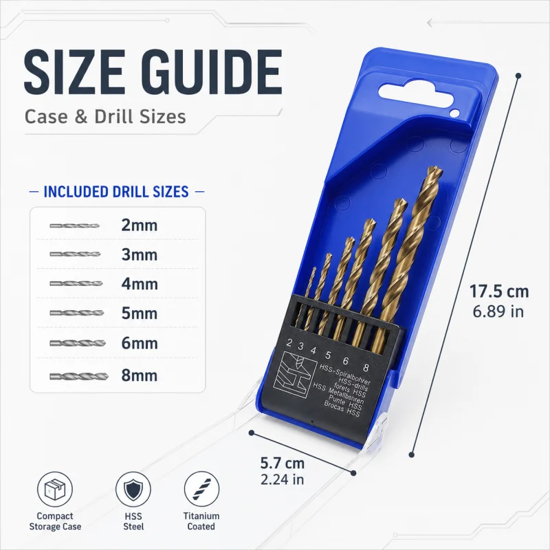6Pcs 2‑8mm HSS Twist Drill Bits Set, Titanium Coated High Speed Steel Drill Bit with Storage Case for DIY Repair Work