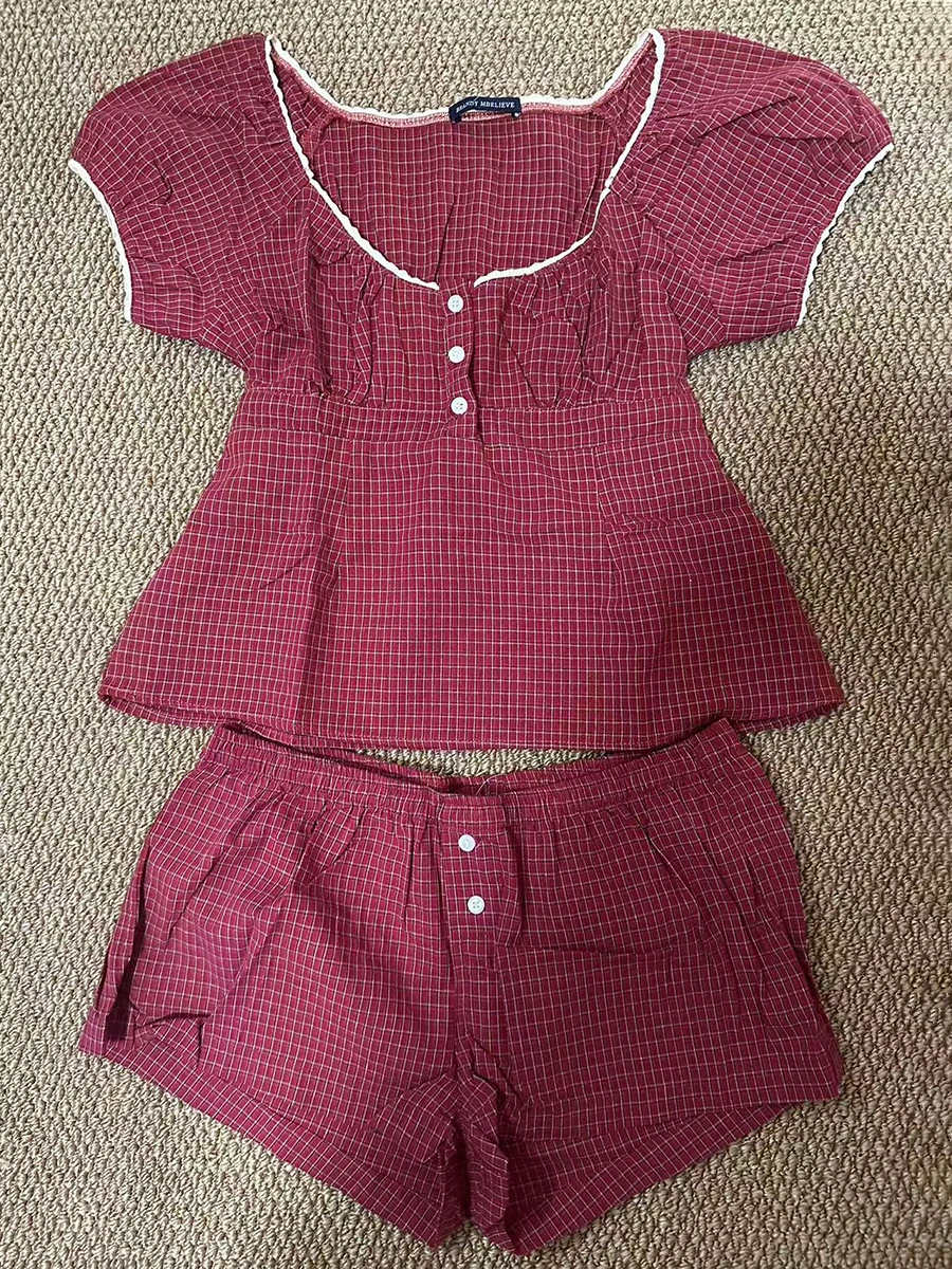 

Red Plaid T-shirt Shorts 2 Piece Sets Women Lace Trim Buttons Tees+ Casual Straight Sweatshorts Cute Sweet Cotton Home Set New
