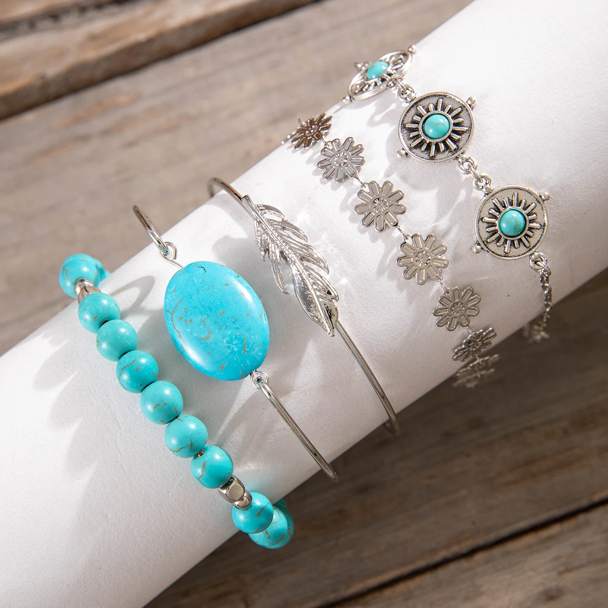 Tocona Vintage Blue Stone Butterfly Bracelet Set for Women Classic Flower Feather Bangle Adjustable Jewelry Party 5pcs/set 26428