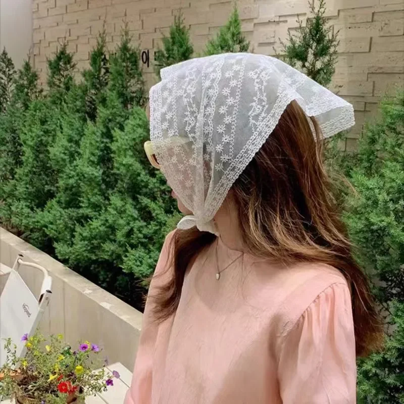 ผ้าพันคอสามเหลี่ยมลูกไม้ฝรั่งเศสวินเทจ - ฮิญาบชีฟองฤดูร้อนสําหรับผู้หญิง, เครื่องประดับผมผ้าไหมมุสลิม, ห่อสาวหวานหรูหรา