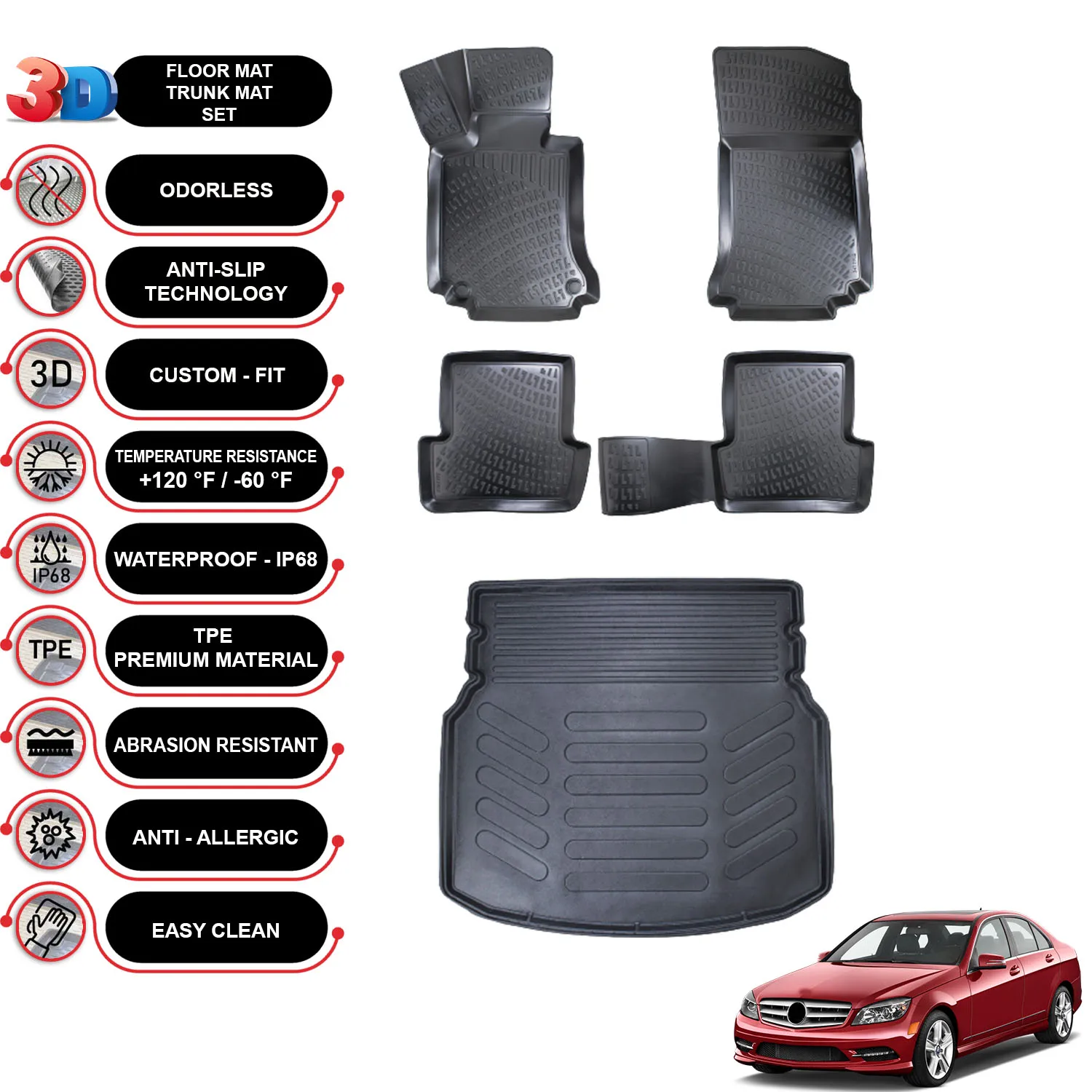 Mercedes C Class W204 - (2007-2013) - Floor Mats + Cargo Trunk Liner - SET