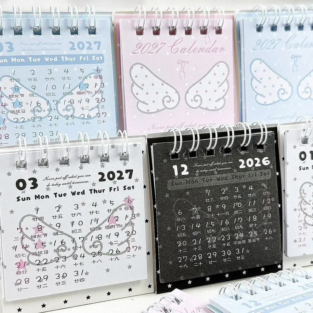 Paper Tabletop Calendar Spiral Bound Standing Mini Desk Calendar Star Pattern Angel Wing Pattern Spiral Desk Calendar
