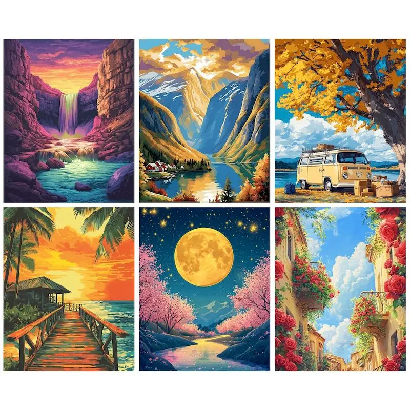 CHENISTORY Oil Paint By Numbers Landscape Canvas Painting Kill Time Handpainted Coloring By Numbers Art Supplies Home Decoration