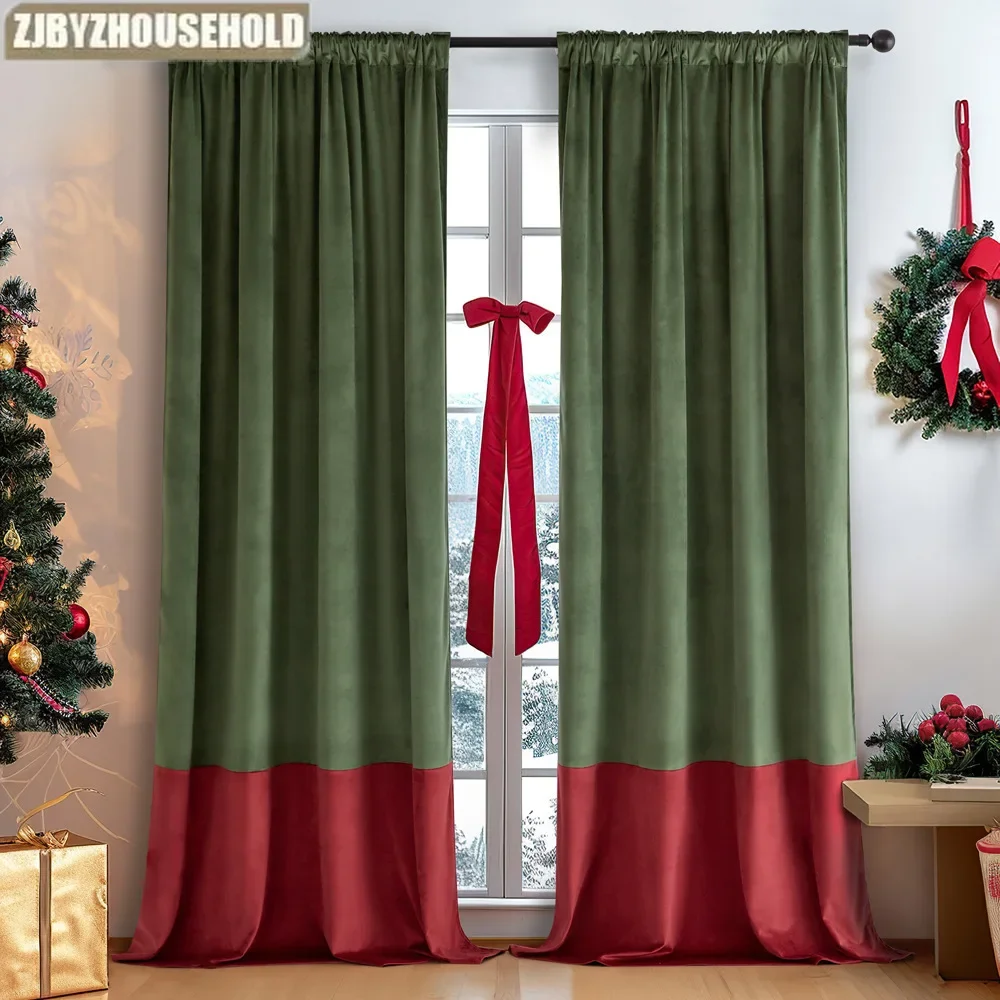 

New Christmas Velvet Curtains for Living Dining Room Bedroom Blackout Vintage Red and Green Patchwork Curtains Customize