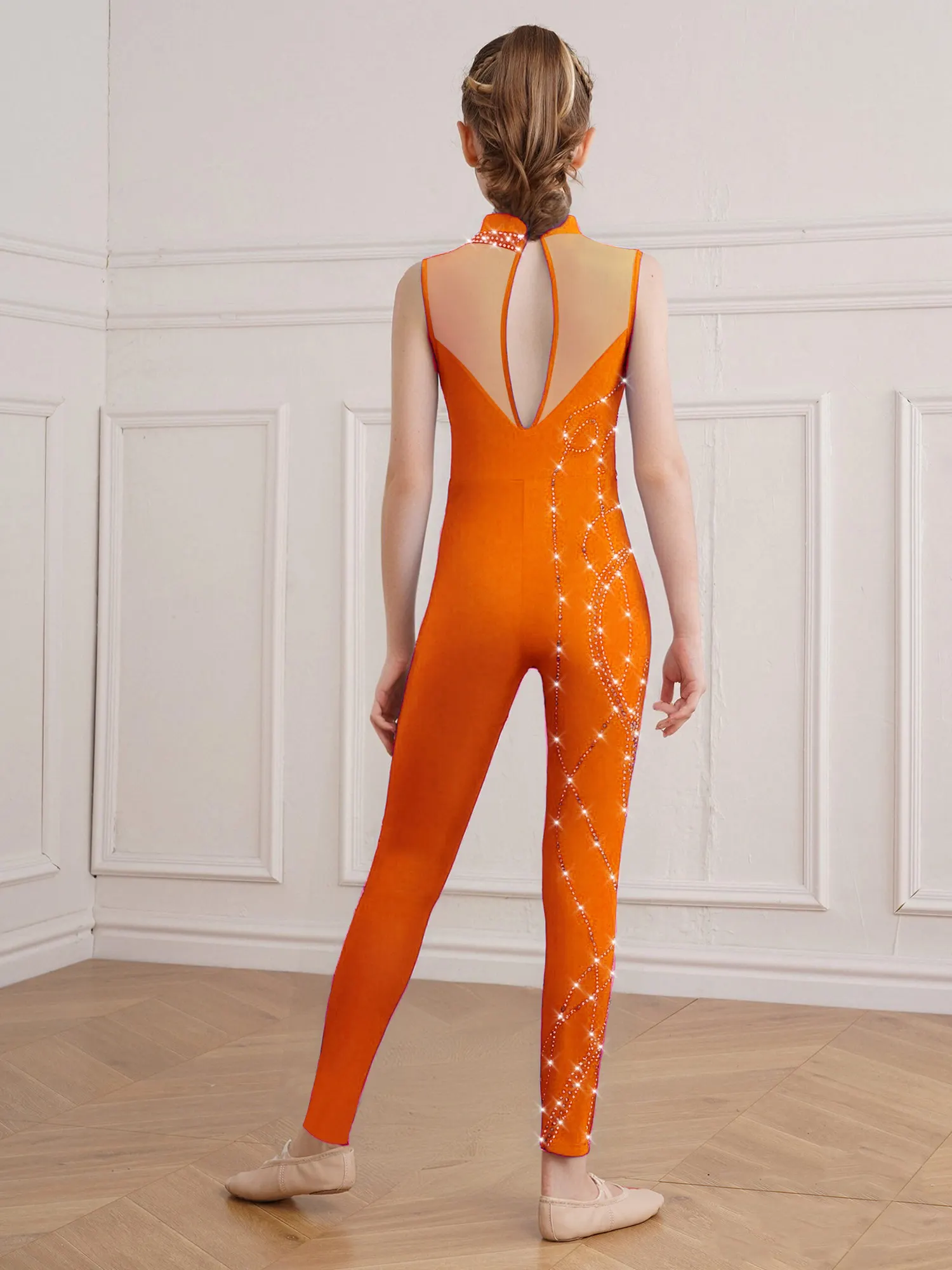 라인스톤 피겨 스케이팅 점프수트 민소매 키홀 백 풀 바디 바디수트 발레 댄스 체조 공연 운동용