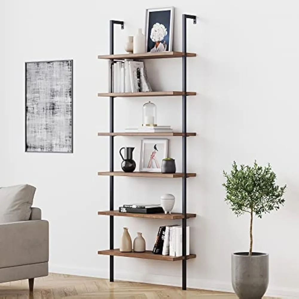 6 tall bookcases, wall-mounted bookshelves, recycled wood and industrial metal frame, oak/black