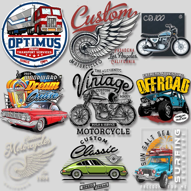 Fashion Trend Different Car Models Motocycles Taxi Jeep Truck Images Thermal Transfer Vinyl Stickers Print On Jackets Clothers