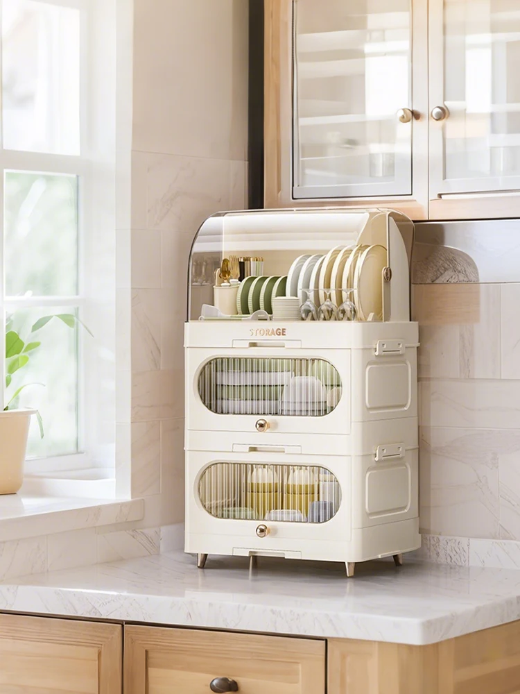 

Space-saving plastic multi-functional storage rack, family flip-top drainage bowl cabinet, modern style kitchen multi-layer tableware cabinet! - Suitable for restaurants/cafes. Fashion and light luxury.
