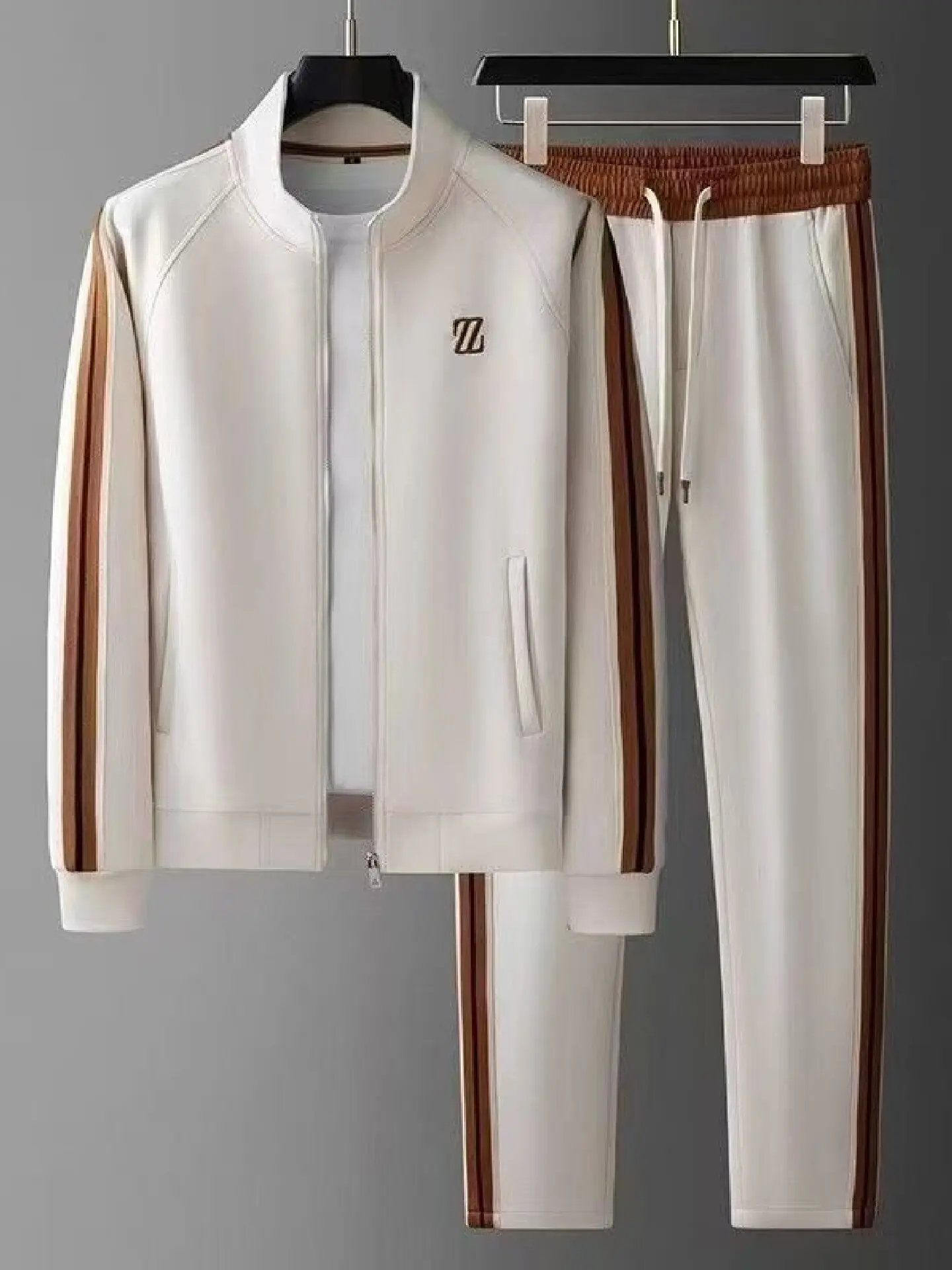 بدلة رياضية رجالية أنيقة للخريف بأكمام طويلة وياقة عالية، طقم كاجوال من قطعتين مع بنطلون مستقيم الساق