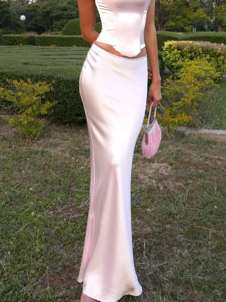 High Waist Maxi Skirts Elegant Simple Slik Casual Female Clothing Elegant Solid Satin Women\'S Skirt 2024 Fashion Slim