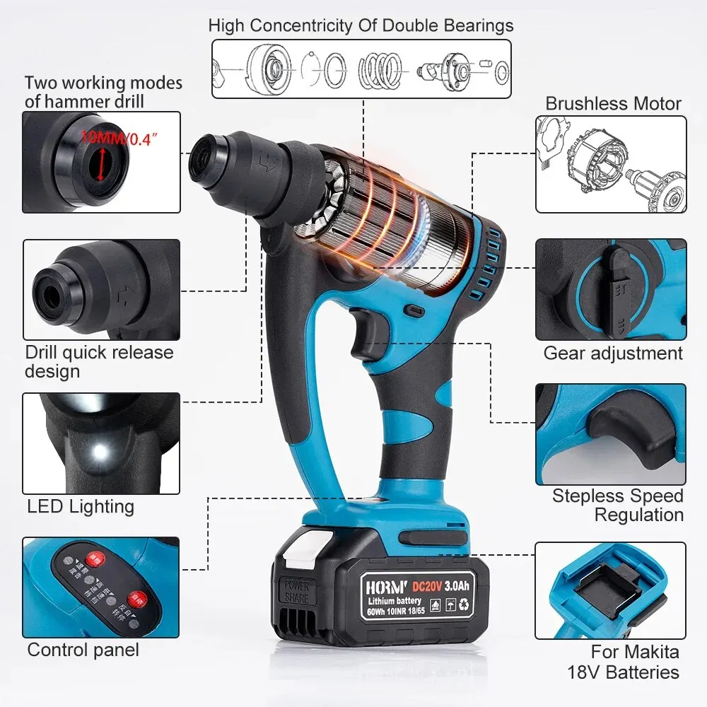 Hormy Brushless Mini Electric Rotary Hammer Concrete Cordless Percussion Drill Punch Power Tools For Makita 18V Lithium Battery