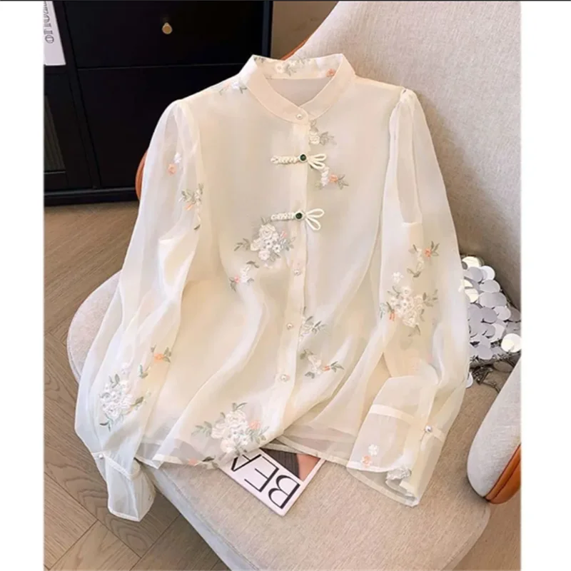 

Vintage Shirt For Women Embroidery Chiffon Shirt Chinese Blouses Summer Thin Tops Stand Collar Buckle Blusu Young Femme Shirts