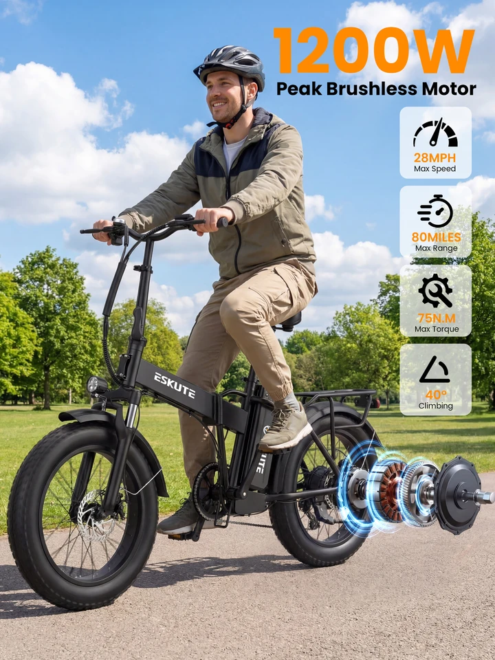 ESKUTE Electric Bike for Adults, 48V 20.8Ah Removable Battery, 20x4 Fat Tire Foldable Ebike with 1200W Peak Motor, Folding E Bike with 7‑Speed, 20+ MPH, up to 80 Miles, NFC Unlock image 9
