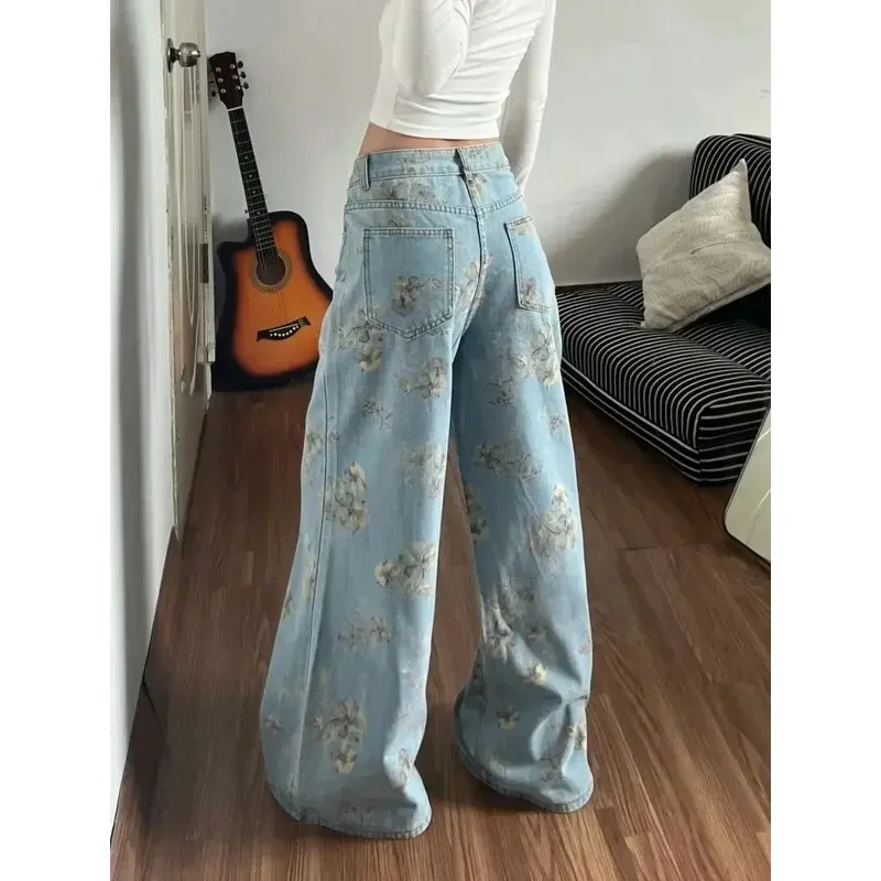 

Women's Loose Straight Leg Jeans Elastic Vintage Printed High Waist Wide Leg Pants Slimming Summer Long Trousers