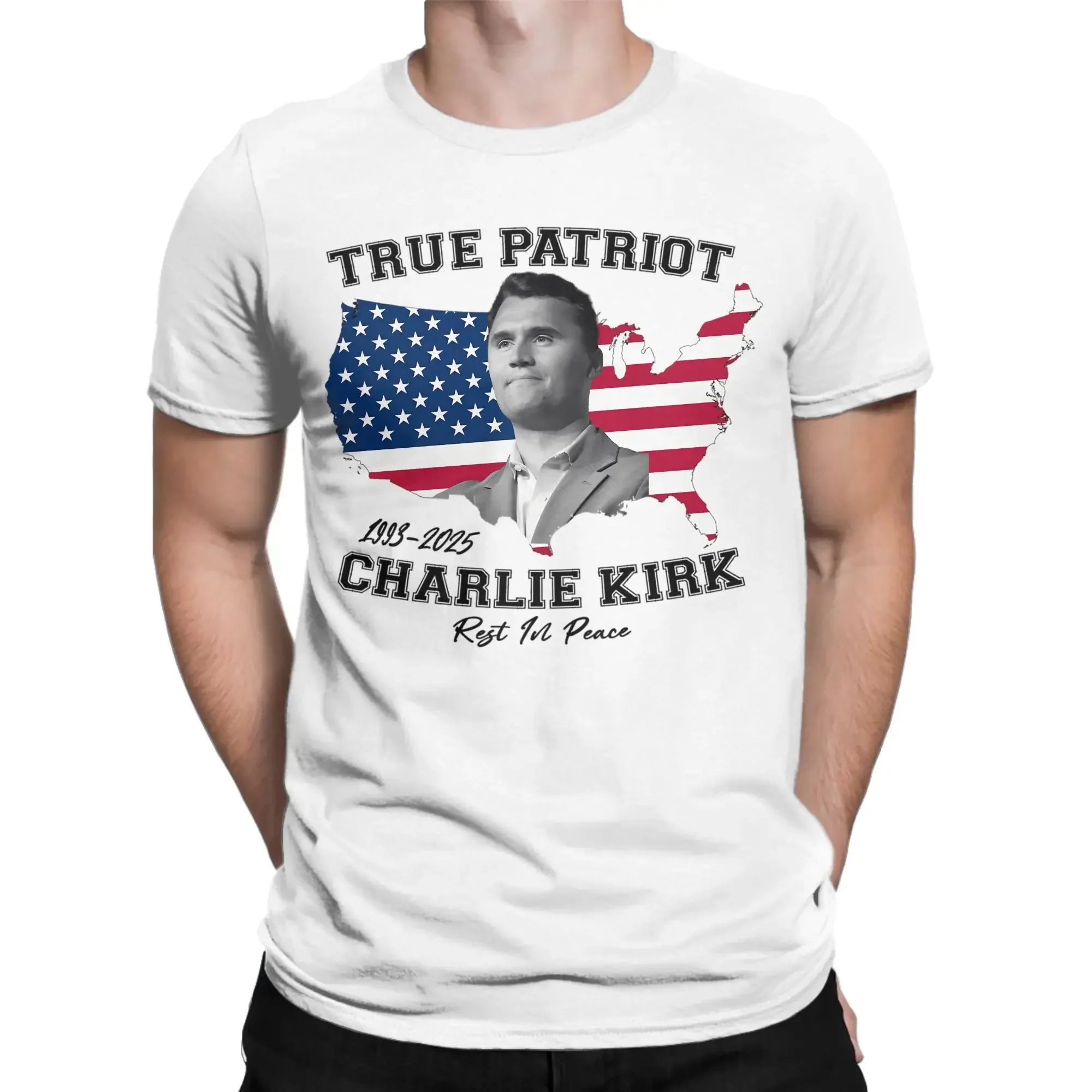 T-Shirt Summer True Patriot Charlie Kirk Rest In Peace American Flag T Shirts Pure Cotton Tee Shirt for Men Short Sleeve Clothes
