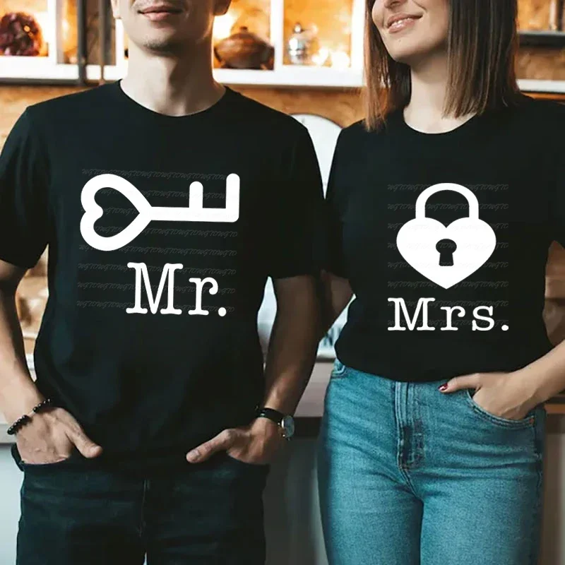 Women Men Valentine Gift Shirt Lock and Key Couple Matching T-shirt Lovers Marriage Anniversary Tee Funny Couple Wedding T-shirt