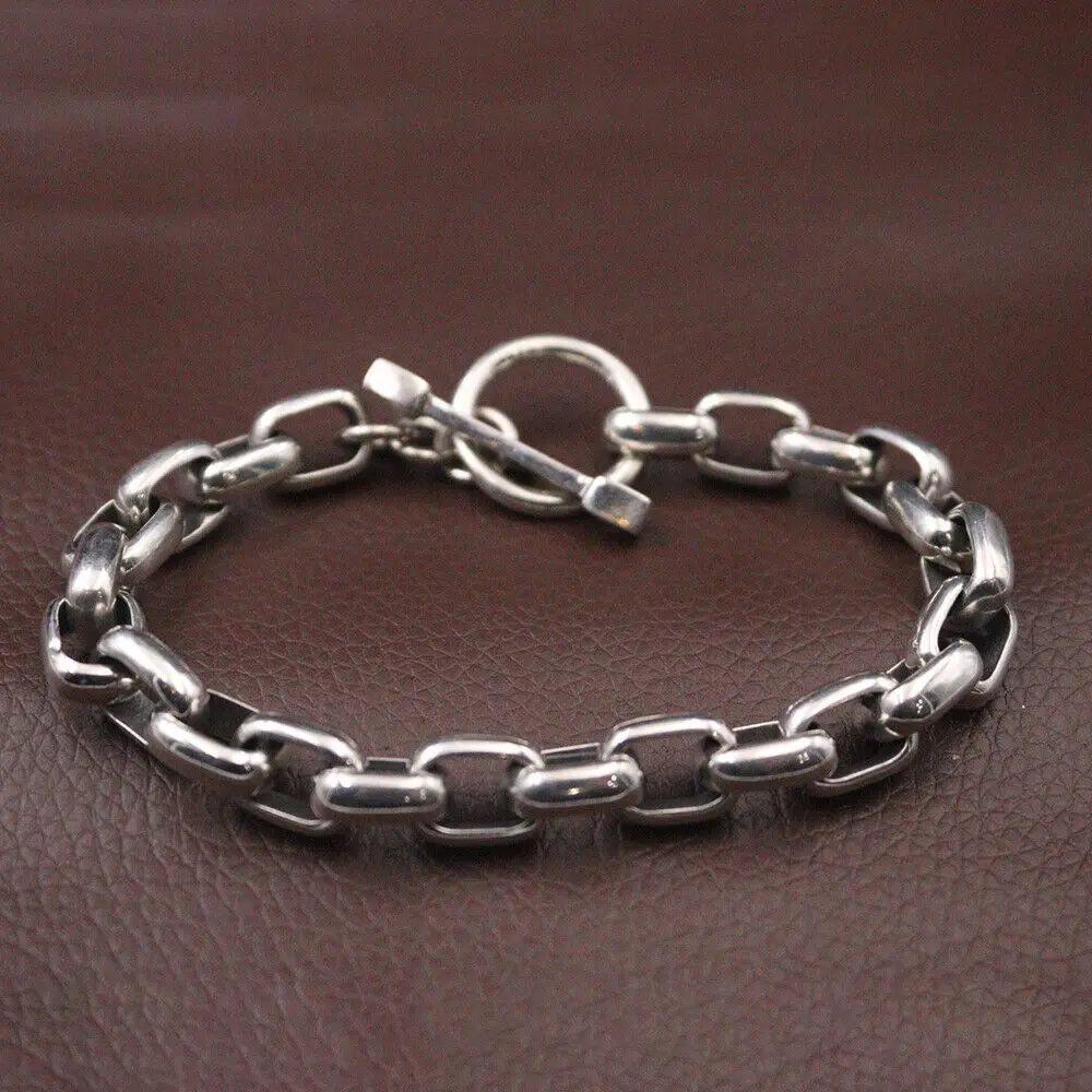 Real 925 Sterling Silver 9mm Rectangle Cable Link Bracelet 8.27inch Stamped