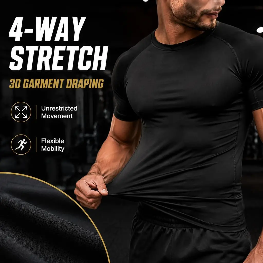1/2/5er-Pack Herren-Kompressionsshirt, Kurzarm, Schnelltrocknend, Atmungsaktiv, Sportunterwäsche mit Stretchmaterial für Fitness und Laufen – Detail 4