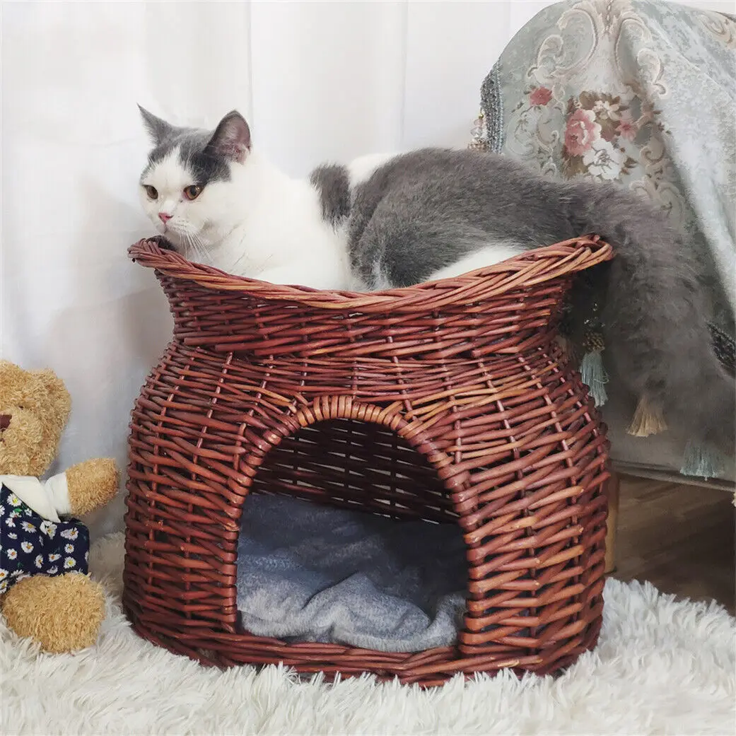 Imagem -02 - Cat Mão Woven Wicker Beliche Cama Tier Kitten Dormiring Cave Cor Marrom e Bege com Almofada Macia