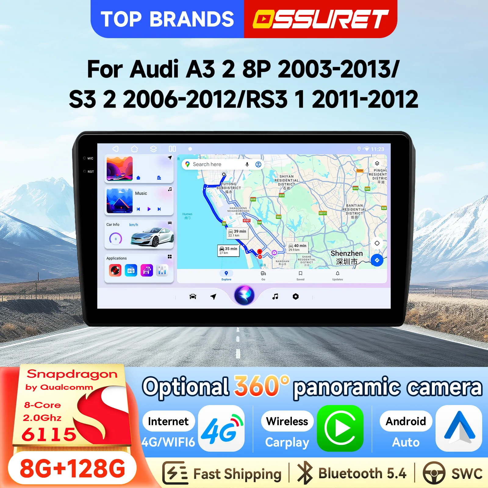 OSSURET Spedizione Rapida Autoradio Android 15 da 9'' con Navigazione GPS per Audi A3 2 8P 2003-2013/S3 2 2006-2012/RS3 1 2011-2012, Unità Principale con CarPlay Wireless, Android Auto, Octa Core,