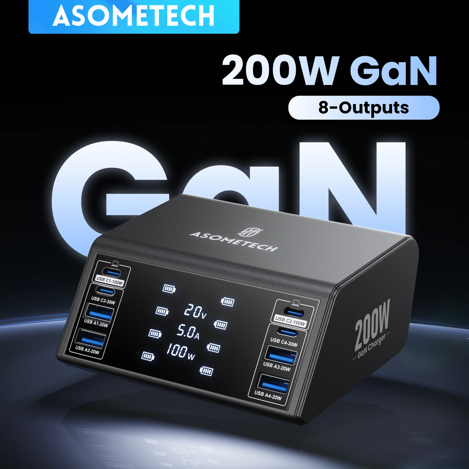 200w-usb-c-gan充電器-pd-100w-usb-type-c-8ポート-デジタルgan充電器-iphone、samsung、xiaomi、macbook-pro、ノートパソコン対応