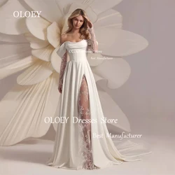 OLOEY Elegant Ivory Pleats Satin Wedding Dress Scoop Neck Customized Photoshoot Lace Long Sleeves Bridal Gown Sweep Train Corset