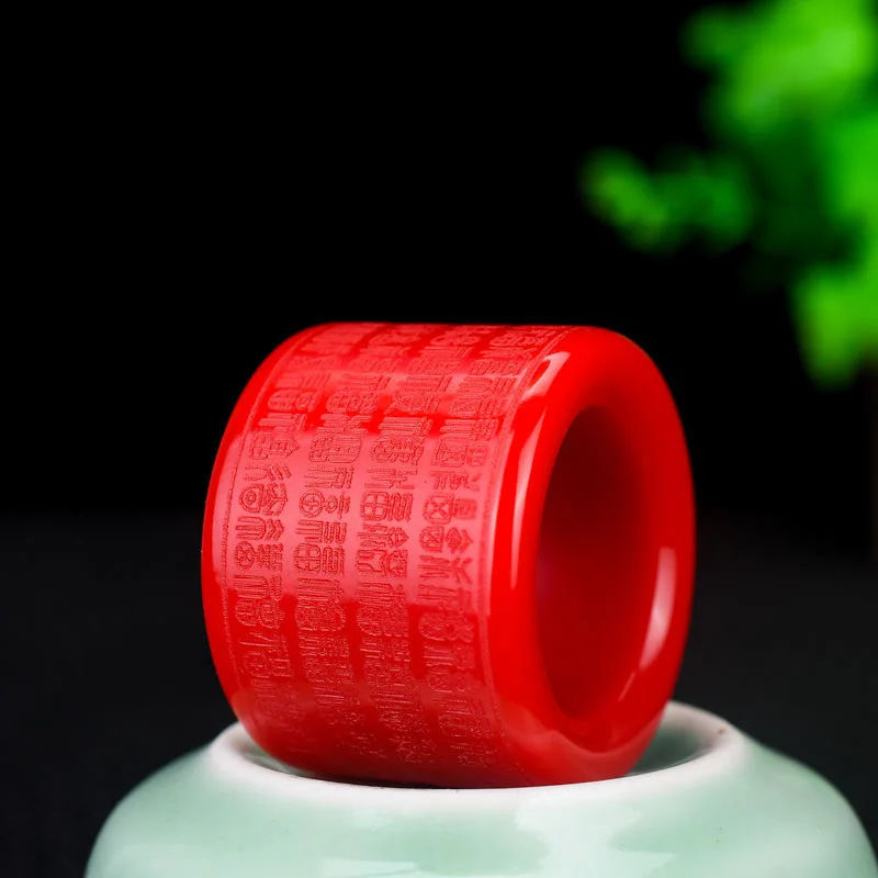 Natural RED Jade Ring Heart Meridian Buddhism Amulet Fashion Charm Jewelry Hand Carved Crafts Gifts for Women Men 22mm Size