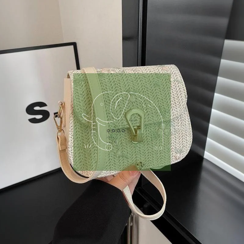 Chic Straw Woven Crossbody Bag Delicate Floral Embroidery Gold Buckle Lightweight Bohemian Purse for Summer Beach Travel