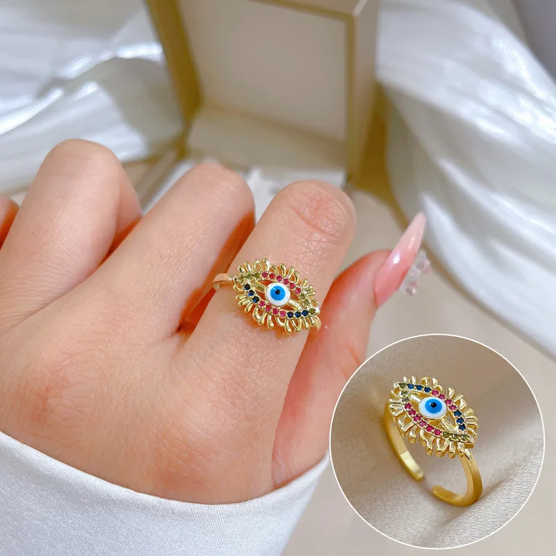 EVIL EYE new fashion eyelash gold color cz crystal paved Multi-color evil eye ring turkish jewelry ring for women christmas gift