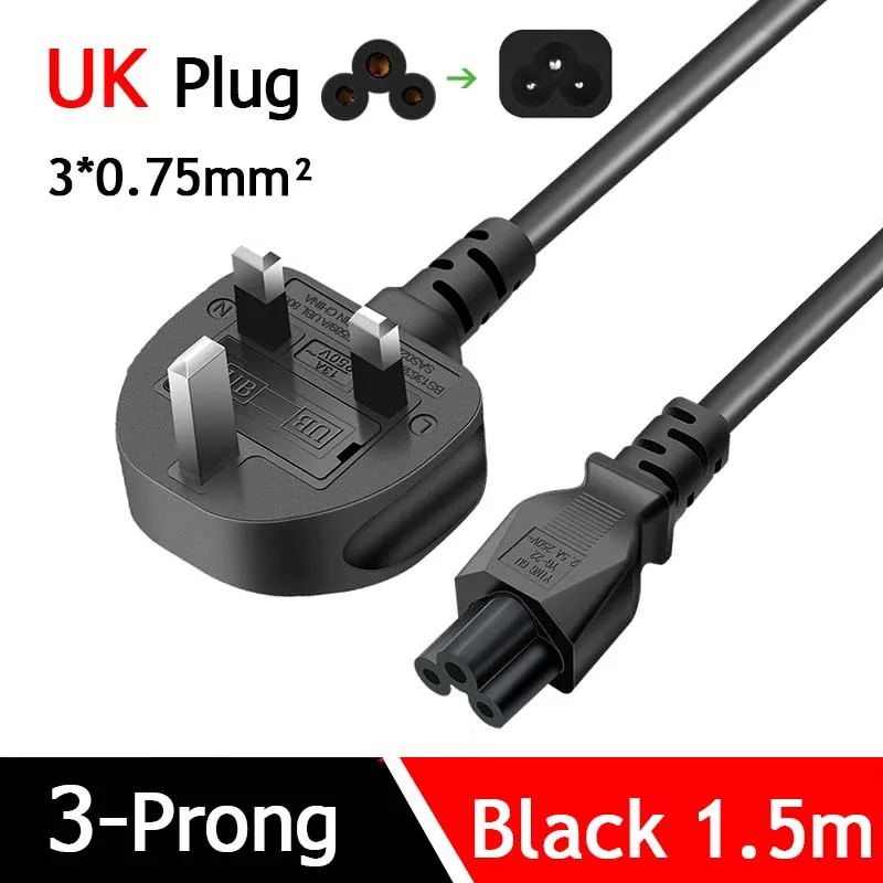 

3 Prong C5 To UK Plug AC Power Supply Cable 3*0.75mm² BS Certification Copper Wire Black 1.5m For PC Laptop Computer Printer TV