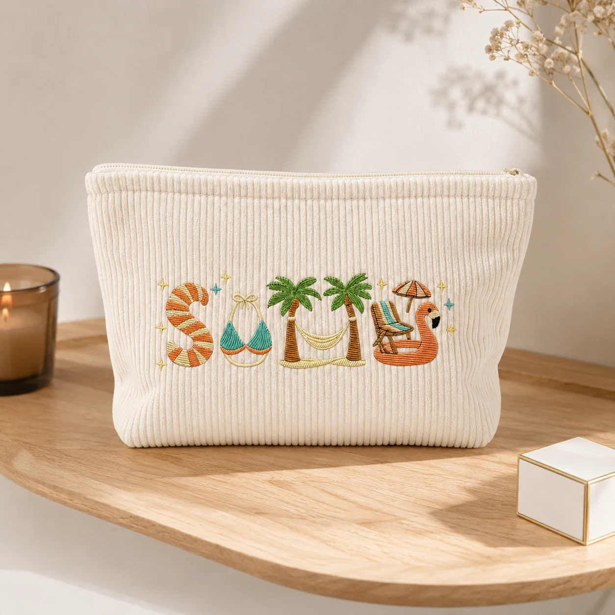 Printing Cosmetic Bag Ribbed Corduroy Makeup Pouch Tropical Resort Toiletry Organizer Zipper Beauty Storage Case