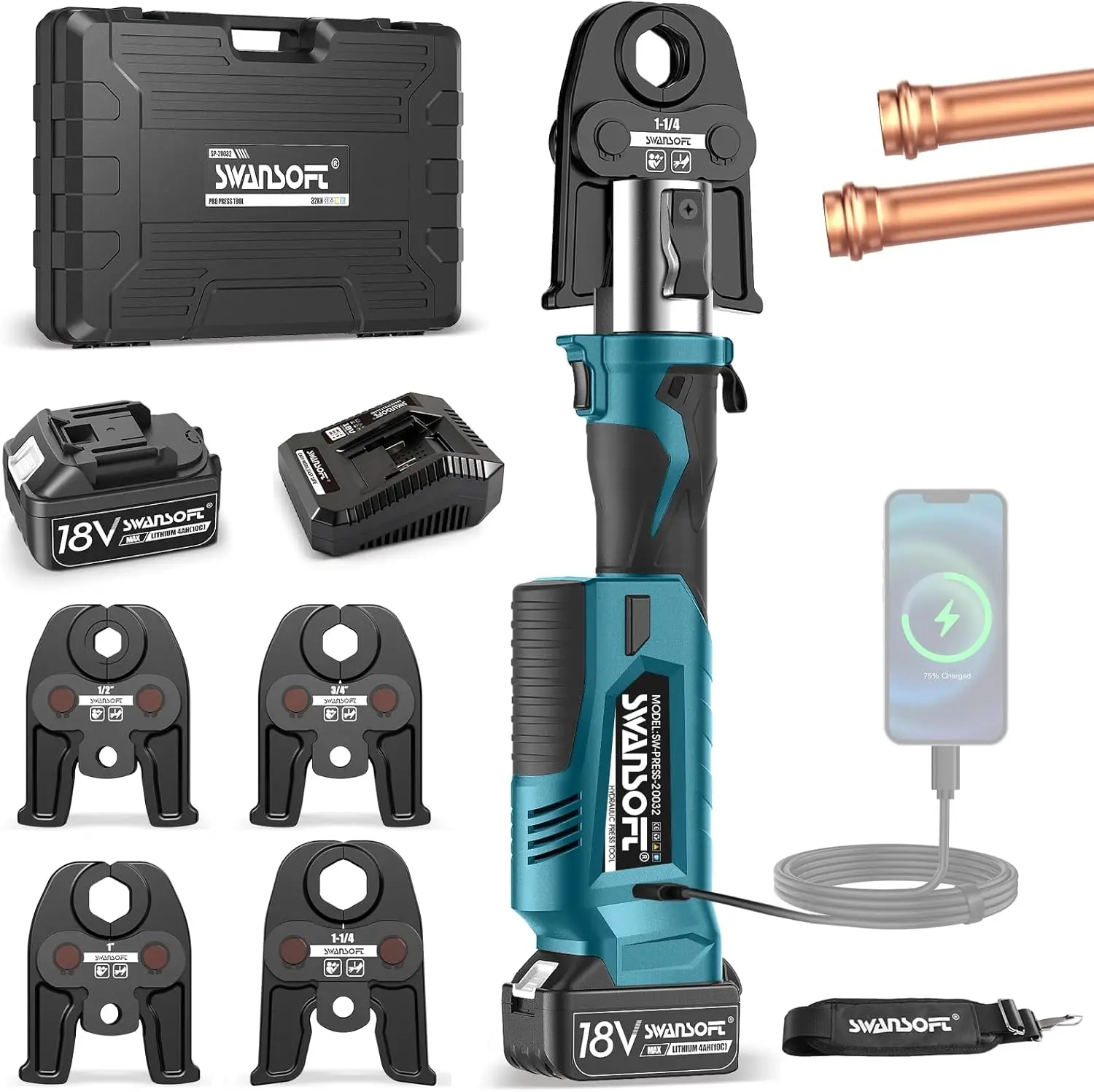 

Электрический гидравлический пресс-клещи SWANSOFT для медных труб с аккумулятором 18В 4Ач, 4 насадками (1/2, 3/4, 1, 1-1/4 дюйма)