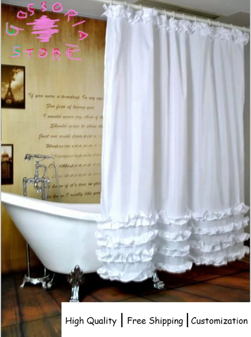 

Sample Custom French Style Pure White Lace Polyester Waterproof Shower Curtain for Bathroom Ruffle Partition Height Window Drape