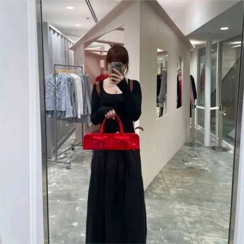 Bloom Retro Bow Red Y2k Hand Purse Women Hot Girls Leather Zipper Shoulder Bags Ladies Fairy Core Aesthetic Underarm Bag