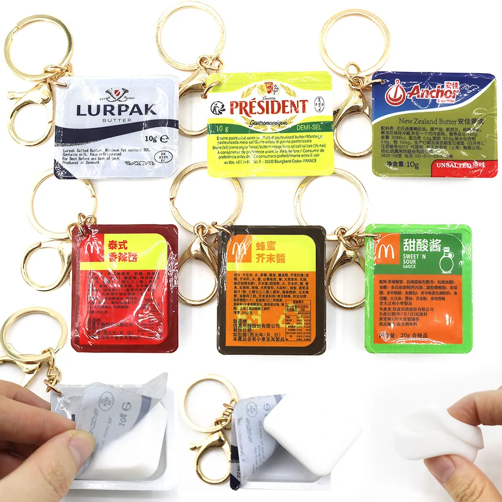 Realistic butter coated keychain | Detachable sauce bag food toy pendant | Soft stress relieving Q-elastic bag pendant