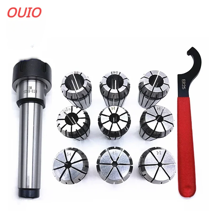 OUIO ER25 Collet Set Spring Clamps 9PCS MT2 ER25 M12 1PC ER25 Wrench Collet Chuck Morse Holder Cone for CNC Milling Lathe Tool