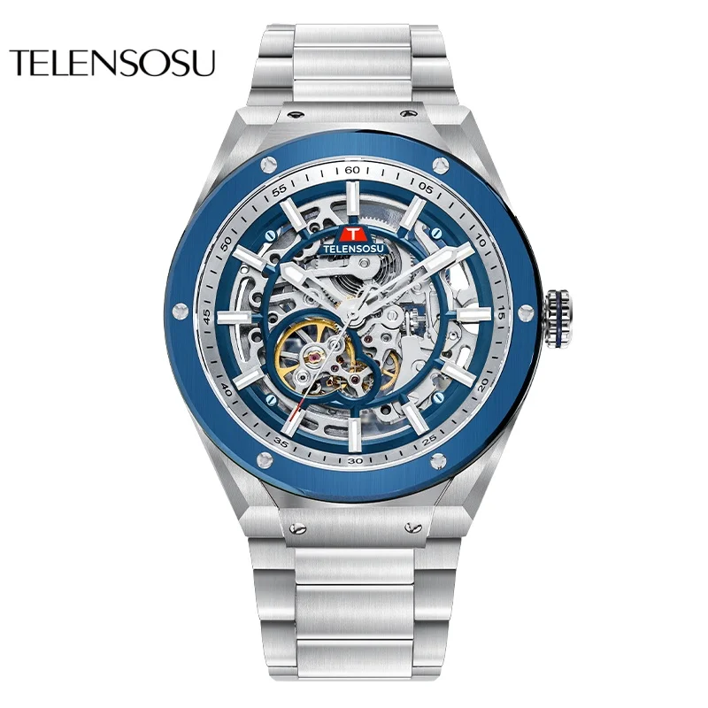 

TELENSOSU 44 мм часы со скелетом для мужчин, роскошные автоматические механические наручные часы, ремешок из нержавеющей стали, сапфировое стекло, модель 8812