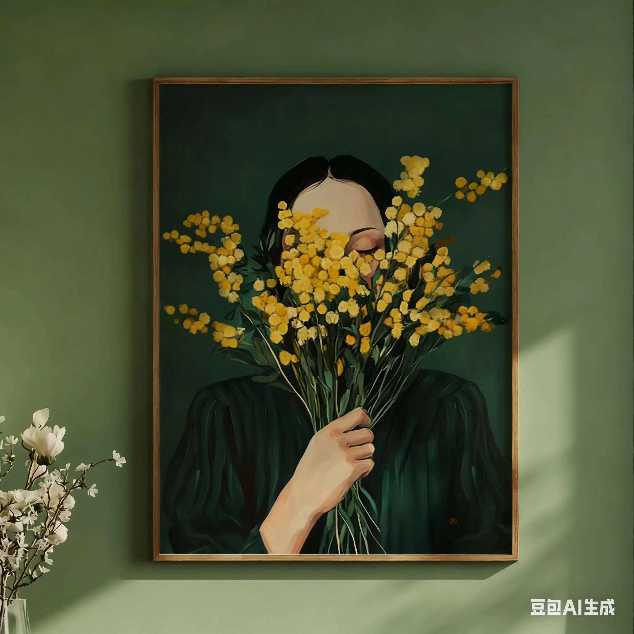 Emerald Green Woman with Mimosa Flowers Wall Art Print: Minimalist Japandi Portrait Wall Decor for Home