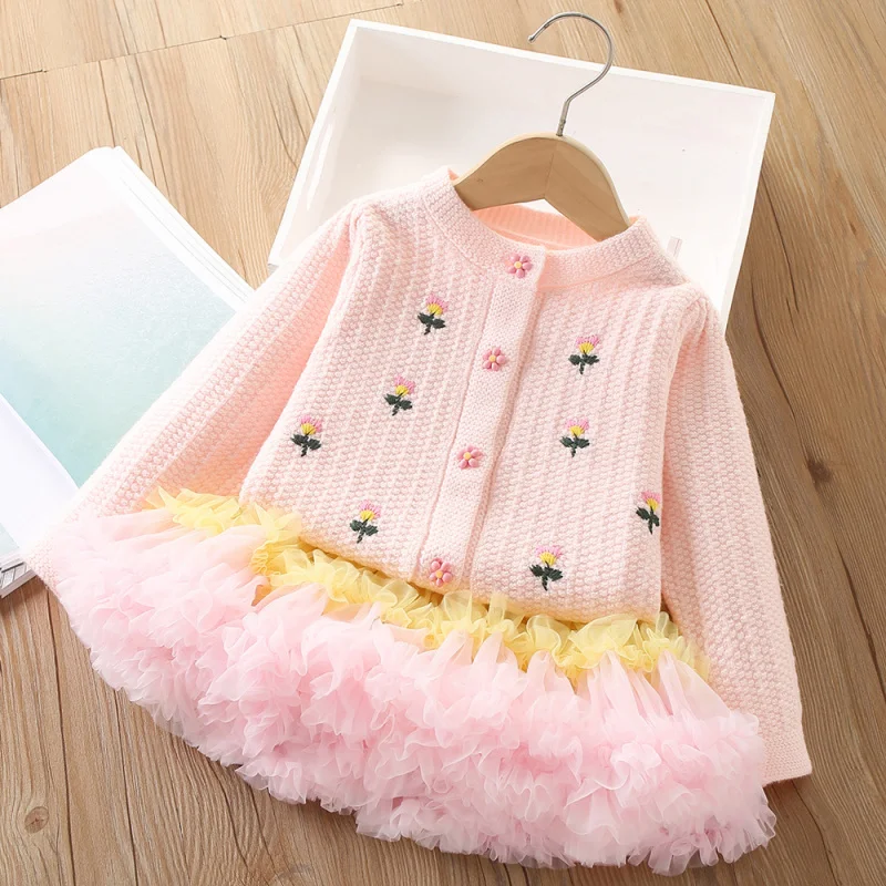 

Girls Sweater Set Autumn and Winter New Sweet and Fashionable Flower Embroidered Knitted CardigantutuTwo-piece Skirt Set