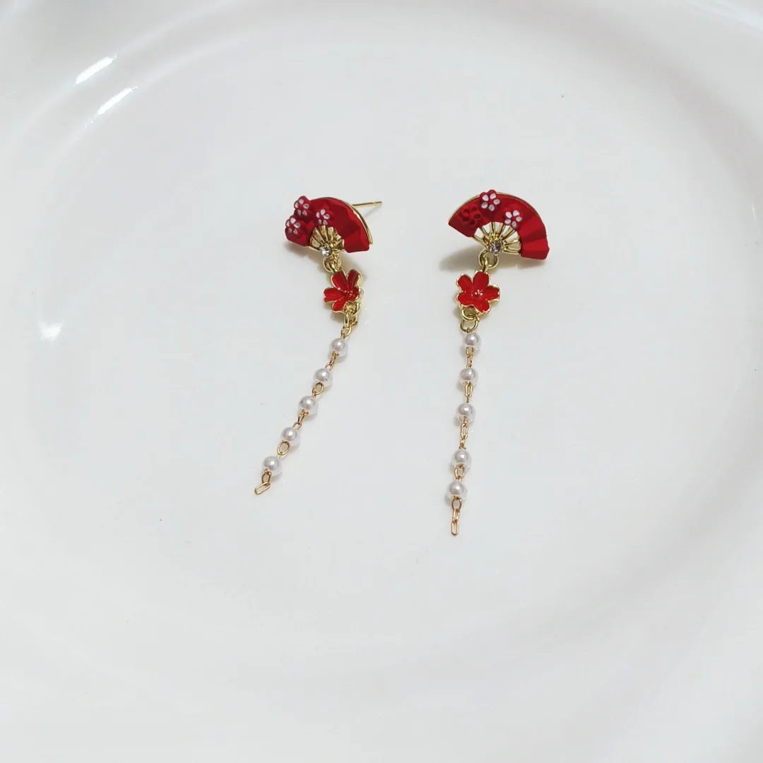 Red Irregular Scalloped Earrings For Women Chinese Style Unique Folding Fan Eardrop Girls Wedding New Year Party Jewelry Gifts