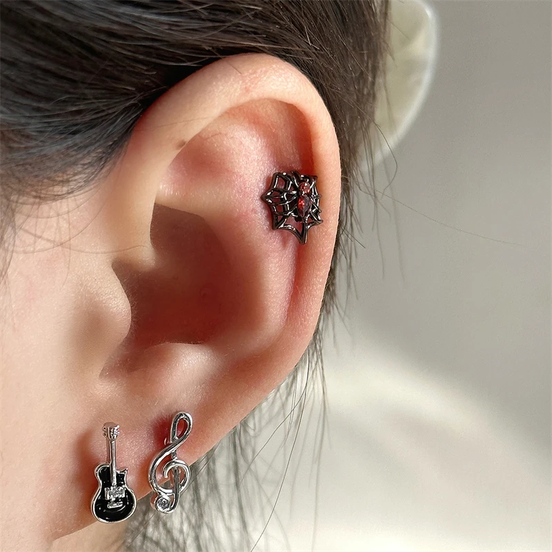 1pcs Musical Note Guitar Drip Glaze Stainless Steel Ear Bone Nail Y2K Silver Color Small Earrings for Women Cool Girl Jewelry