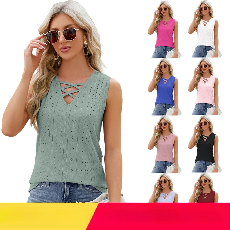 

Spring/Summer New Style Women's Solid Color Jacquard V-Neck Tie-Back Blouse