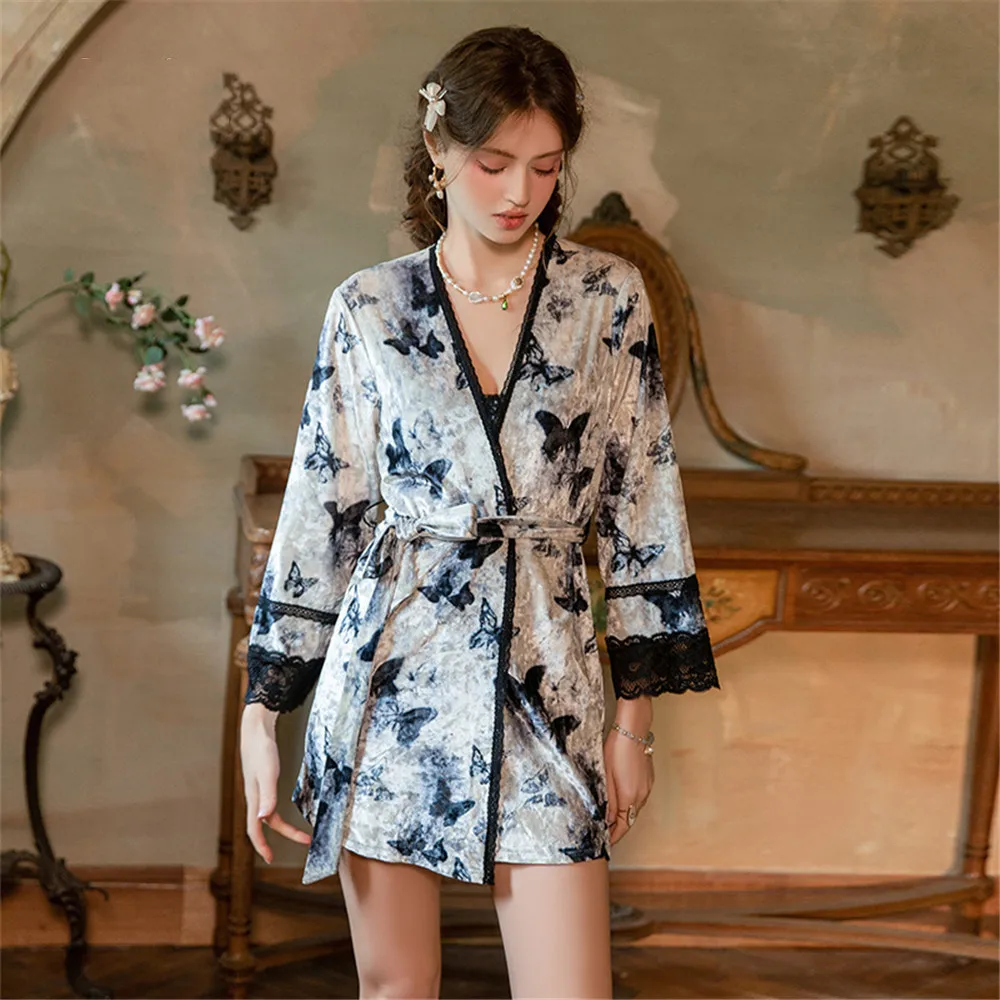 

Elegant Short Velvet Robe Nightgown Set Female Sleepwear Homewear Autumn Winter Print Butterfly Velour Bathrobe Lounge Wear