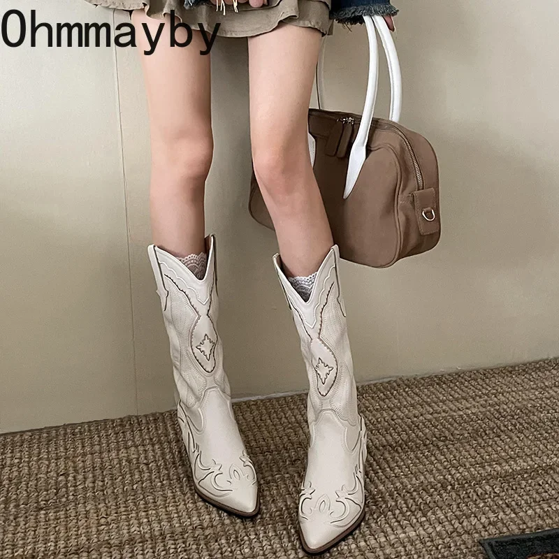 Vintage V mouth Women Western Knee-High Boots Fashion Pointed Toe Shoes Autumn Winter Thick Heel Ladies Knight Long Booties