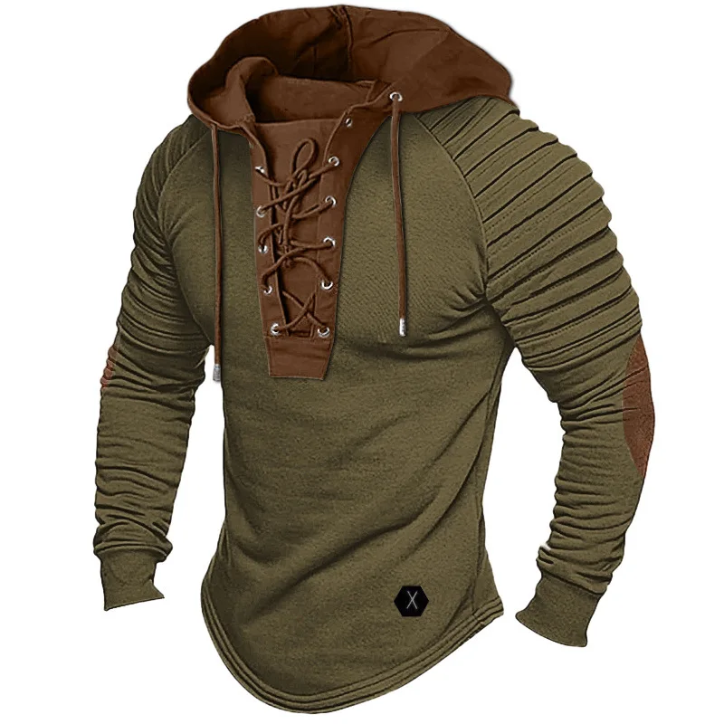 Solid Color Hoodie Men's T-Shirt Top Wrinkled Hooded Street Style Long Sleeve Lace-Up Patchwork Basic Style