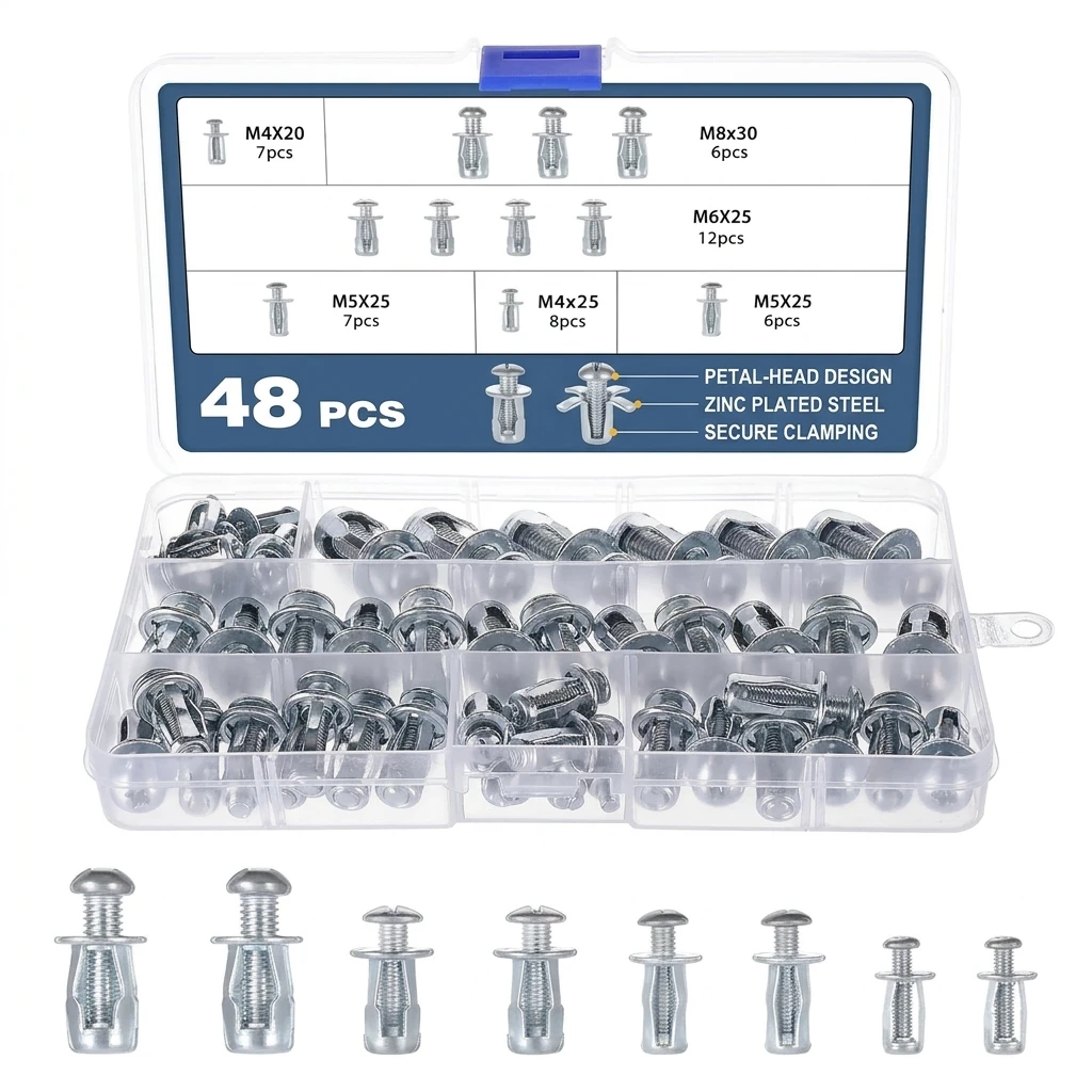 48pcs Petal Nut Assortment Kit M4 M5 M6 M8 Expansion Jack Nuts for License Plate & Thin Panel Fasteners