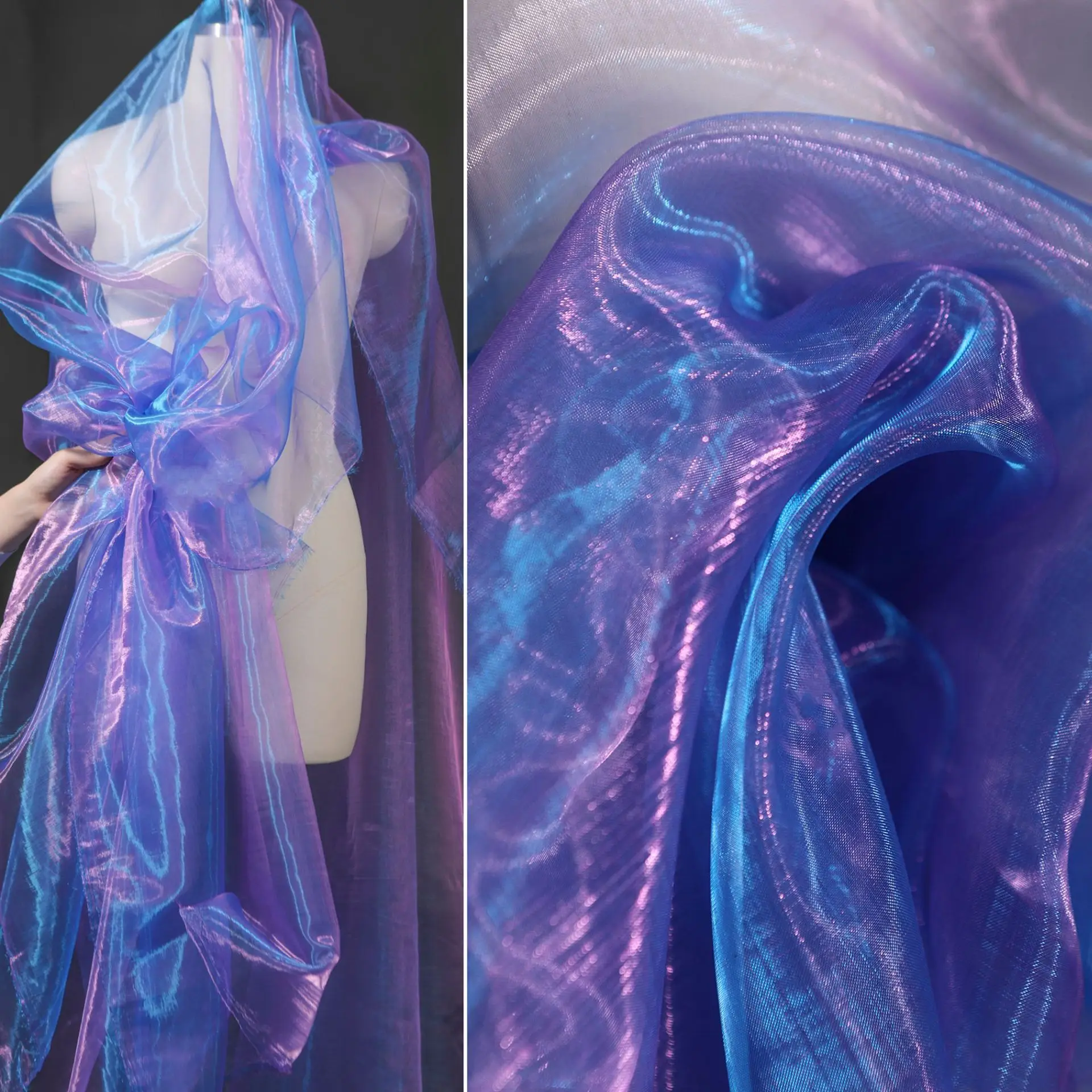 3/5/10yard Blue Purple Gradient Two Tone Sheer Organza Voile Fabric Shiny Creative Designer Cloth, By the Yard