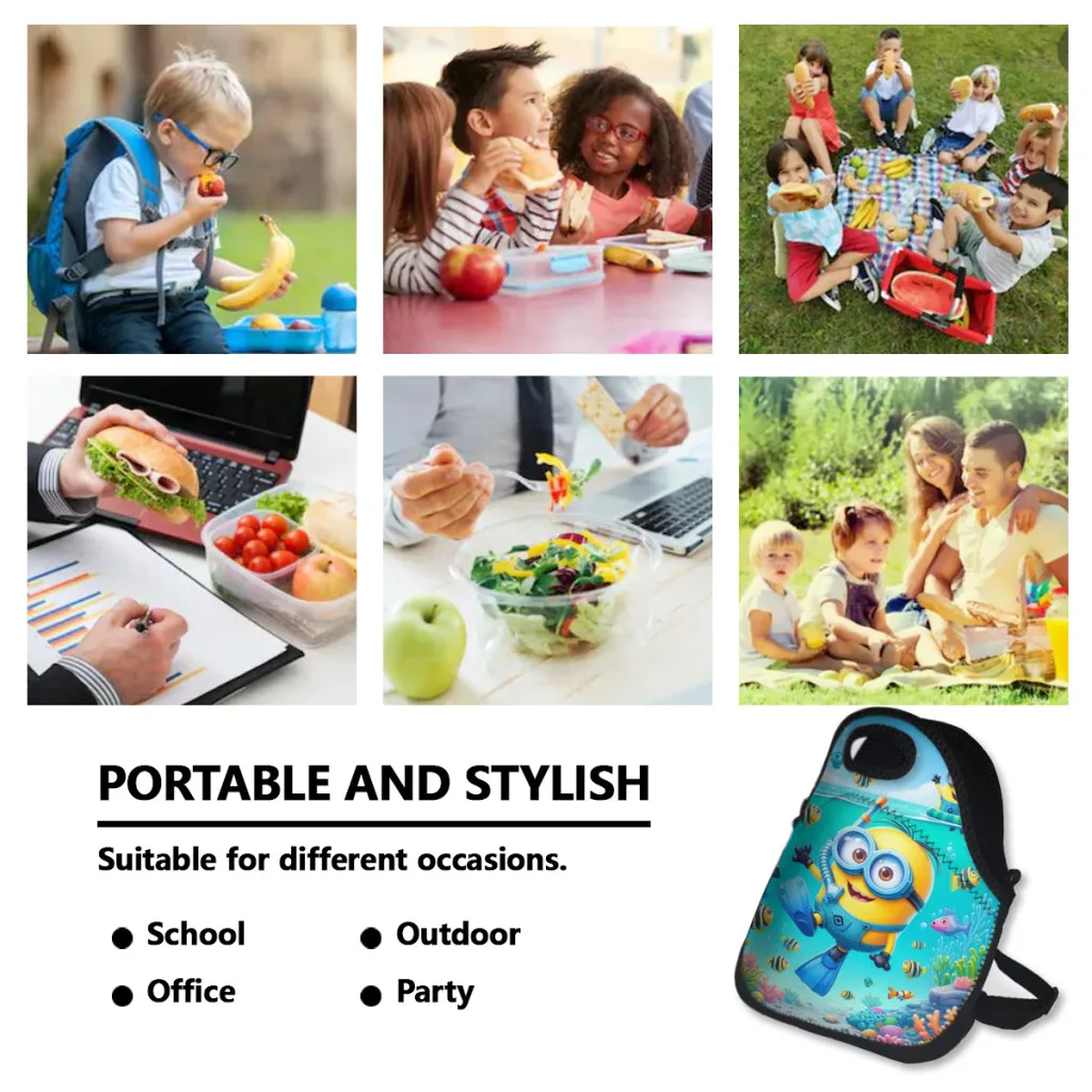 Minion Minions Borsa da pranzo portatile per bambini Scatola termica per alimenti Scatola da pranzo più fresca durevole con tracolla Borsa da picnic