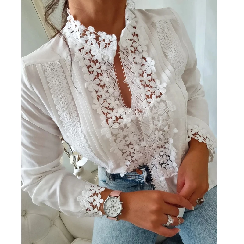 Dentelle blanche Patchwork Floral longue Sve irt femmes trajet Sle coupe droite bulle Sve bouton fermeture longueur classique